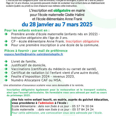 inscriptions scolaires 2025 - 2026 (voir description de l'image dans le lien )